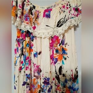 Umgee Cream Floral Maxi Dress with Bright Multi-Color Print Boho, Beachy, Casual